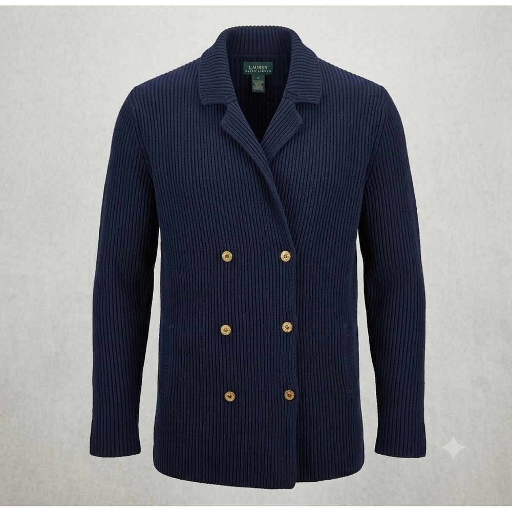 Lauren Ralph Lauren Vintage Men's Blue Double Breasted Captians Sweater. Size XL